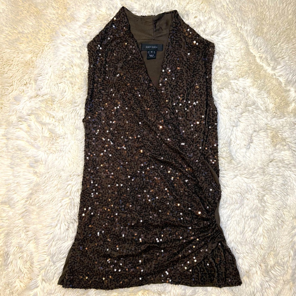 Karen Kane Brown Sequin V-Plunge Ruched Wrap Sleeveless Top